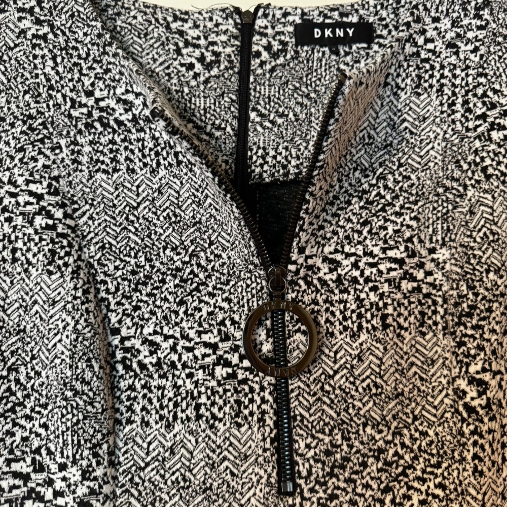 DKNY Black White Fit & Flare Dress S 10 Zip Ring Pull Textured Knit Midi Office - Picture 5 of 9